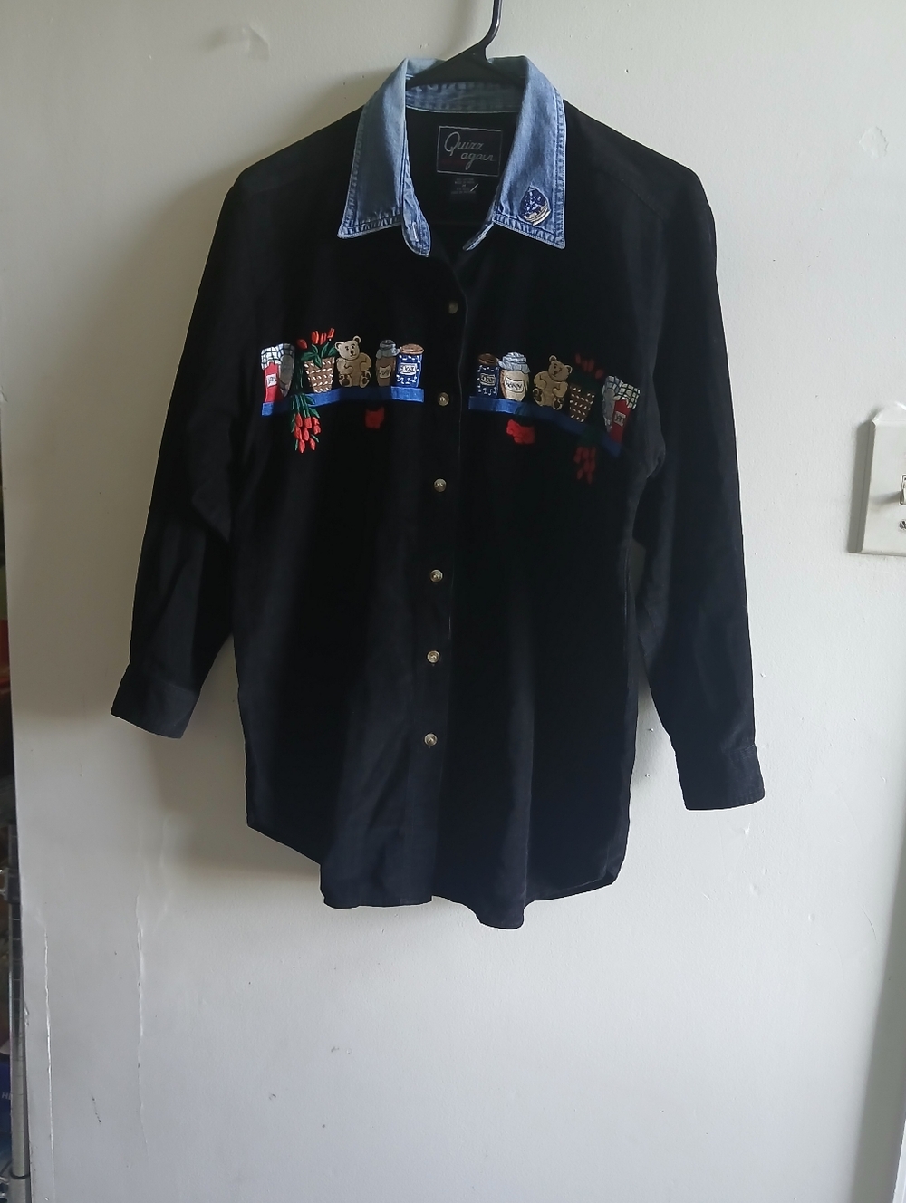 Quilter's Corner Black Button-Down Shirt with Denim Collar and Embroidered Motif
